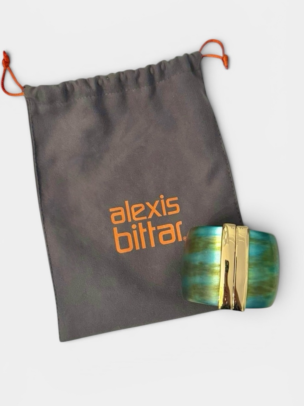 Alexis Bittar Teal Lucite and 14k Gold Plated Hinged Cuff Bracelet and Dustbag - Picture 3 of 13